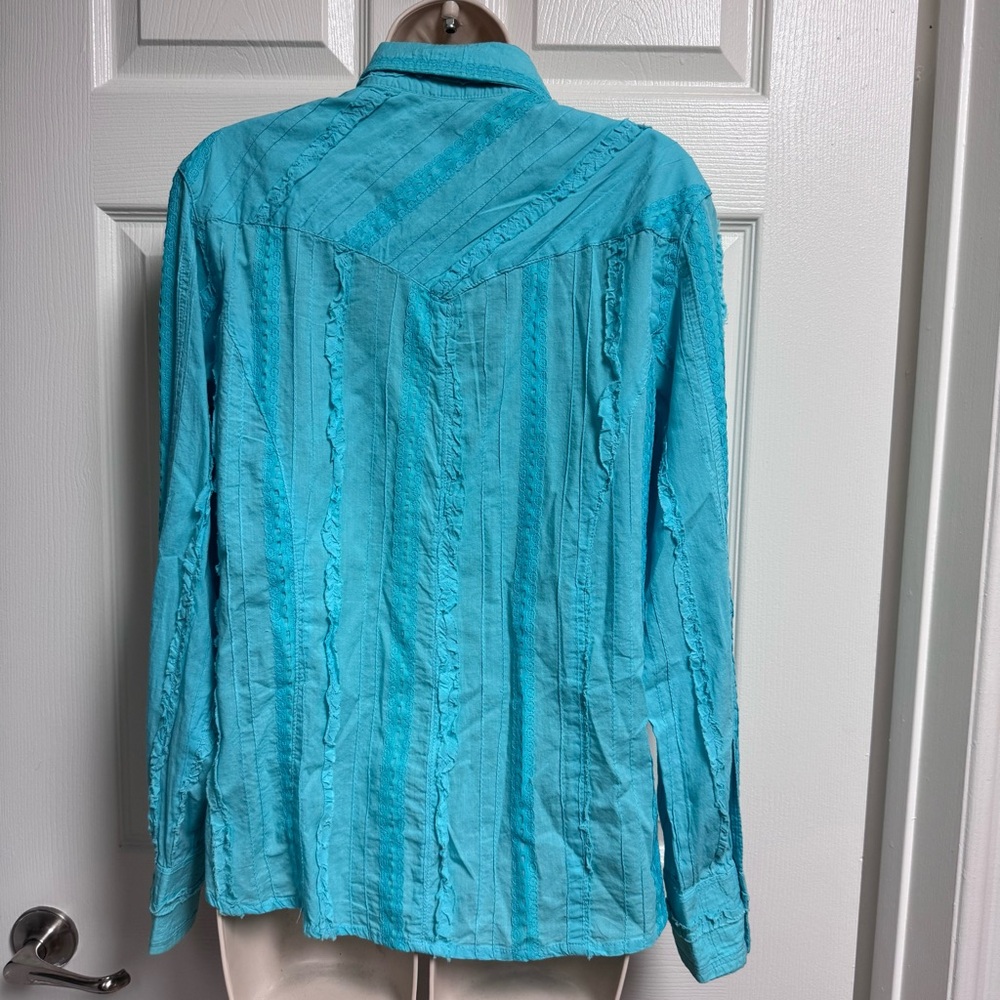 Scully Western Blouse Size L Blue Turquoise Lace Stripe Ruffled Long Sleeve - Picture 4 of 13